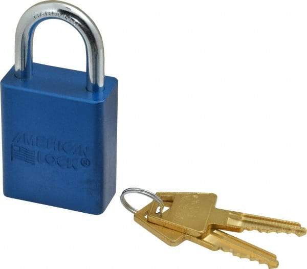 American Lock - Keyed Alike Conductive Lockout Padlock - 1" Shackle Clearance, 1/4" Shackle Diam, 1.8" Body Height x 1-1/2" Body Width, Blue, 5 Pins - Eagle Tool & Supply