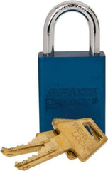 American Lock - Keyed Alike Conductive Lockout Padlock - 1" Shackle Clearance, 1/4" Shackle Diam, 1.8" Body Height x 1-1/2" Body Width, Blue, 5 Pins - Eagle Tool & Supply