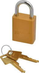 American Lock - Keyed Alike Conductive Lockout Padlock - 1" Shackle Clearance, 1/4" Shackle Diam, 1.8" Body Height x 1-1/2" Body Width, Yellow, 5 Pins - Eagle Tool & Supply