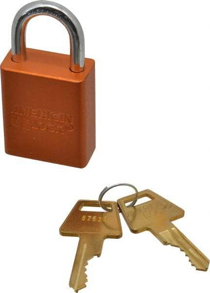 American Lock - Keyed Different Conductive Lockout Padlock - 1" Shackle Clearance, 1/4" Shackle Diam, 1.8" Body Height x 1-1/2" Body Width, Orange, 5 Pins - Eagle Tool & Supply