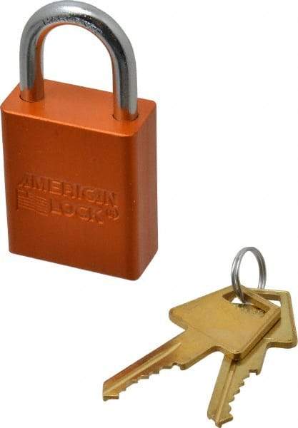 American Lock - Keyed Alike Conductive Lockout Padlock - 1" Shackle Clearance, 1/4" Shackle Diam, 1.8" Body Height x 1-1/2" Body Width, Orange, 5 Pins - Eagle Tool & Supply