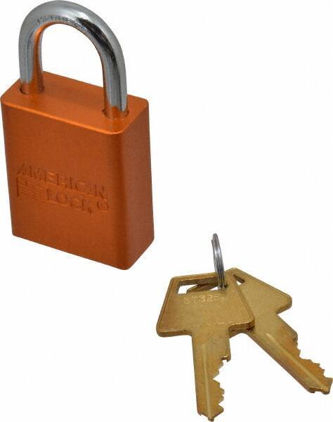 American Lock - Keyed Alike Conductive Lockout Padlock - 1" Shackle Clearance, 1/4" Shackle Diam, 1.8" Body Height x 1-1/2" Body Width, Orange, 5 Pins - Eagle Tool & Supply