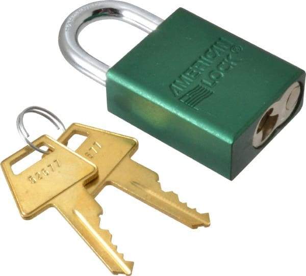 American Lock - Keyed Different Conductive Lockout Padlock - 1" Shackle Clearance, 1/4" Shackle Diam, 1.8" Body Height x 1-1/2" Body Width, Green, 5 Pins - Eagle Tool & Supply