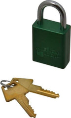 American Lock - Keyed Alike Conductive Lockout Padlock - 1" Shackle Clearance, 1/4" Shackle Diam, 1.8" Body Height x 1-1/2" Body Width, Green, 5 Pins - Eagle Tool & Supply