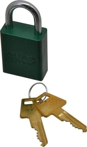 American Lock - Keyed Alike Conductive Lockout Padlock - 1" Shackle Clearance, 1/4" Shackle Diam, 1.8" Body Height x 1-1/2" Body Width, Green, 5 Pins - Eagle Tool & Supply