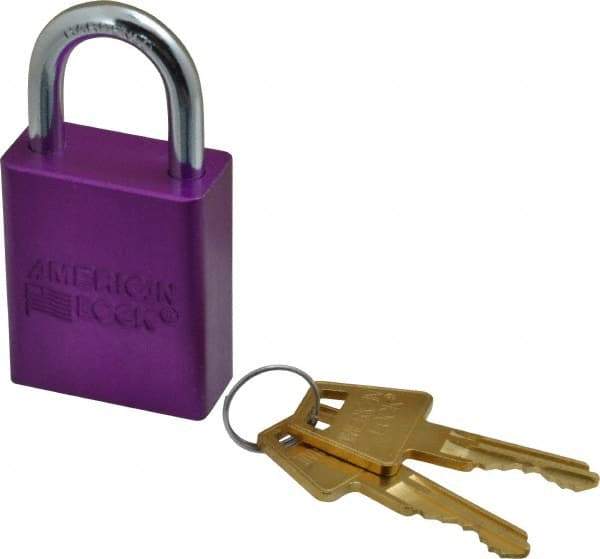 American Lock - Keyed Different Conductive Lockout Padlock - 1" Shackle Clearance, 1/4" Shackle Diam, 1.8" Body Height x 1-1/2" Body Width, Purple, 5 Pins - Eagle Tool & Supply