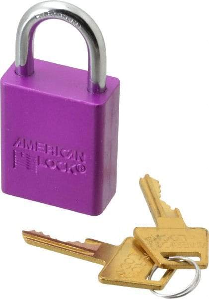 American Lock - Keyed Alike Conductive Lockout Padlock - 1" Shackle Clearance, 1/4" Shackle Diam, 1.8" Body Height x 1-1/2" Body Width, Purple, 5 Pins - Eagle Tool & Supply