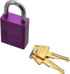 American Lock - Keyed Alike Conductive Lockout Padlock - 1" Shackle Clearance, 1/4" Shackle Diam, 1.8" Body Height x 1-1/2" Body Width, Purple, 5 Pins - Eagle Tool & Supply