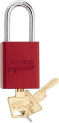 American Lock - Keyed Different Conductive Lockout Padlock - 1-1/2" Shackle Clearance, 1/4" Shackle Diam, 1.8" Body Height x 1-1/2" Body Width, Red, 5 Pins - Eagle Tool & Supply