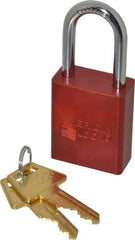 American Lock - Keyed Alike Retaining Key Conductive Lockout Padlock - 1-1/2" Shackle Clearance, 1/4" Shackle Diam, 1.8" Body Height x 1-1/2" Body Width, Red, 5 Pins - Eagle Tool & Supply