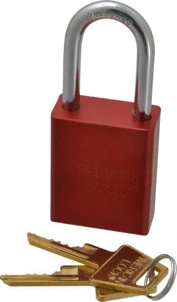 American Lock - Keyed Alike Conductive Lockout Padlock - 1-1/2" Shackle Clearance, 1/4" Shackle Diam, 1.8" Body Height x 1-1/2" Body Width, Red, 5 Pins - Eagle Tool & Supply