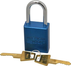 American Lock - Keyed Different Conductive Lockout Padlock - 1-1/2" Shackle Clearance, 1/4" Shackle Diam, 1.8" Body Height x 1-1/2" Body Width, Blue, 5 Pins - Eagle Tool & Supply