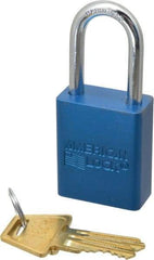 American Lock - Keyed Alike Conductive Lockout Padlock - 1-1/2" Shackle Clearance, 1/4" Shackle Diam, 1.8" Body Height x 1-1/2" Body Width, Blue, 5 Pins - Eagle Tool & Supply
