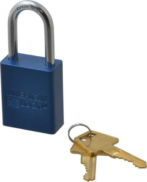 American Lock - Keyed Alike Conductive Lockout Padlock - 1-1/2" Shackle Clearance, 1/4" Shackle Diam, 1.8" Body Height x 1-1/2" Body Width, Blue, 5 Pins - Eagle Tool & Supply