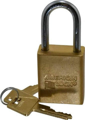 American Lock - Keyed Alike Conductive Lockout Padlock - 1-1/2" Shackle Clearance, 1/4" Shackle Diam, 1.8" Body Height x 1-1/2" Body Width, Yellow, 5 Pins - Eagle Tool & Supply