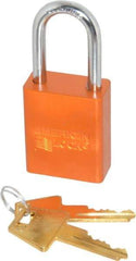 American Lock - Keyed Alike Conductive Lockout Padlock - 1-1/2" Shackle Clearance, 1/4" Shackle Diam, 1.8" Body Height x 1-1/2" Body Width, Orange, 5 Pins - Eagle Tool & Supply