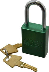 American Lock - Keyed Different Conductive Lockout Padlock - 1-1/2" Shackle Clearance, 1/4" Shackle Diam, 1.8" Body Height x 1-1/2" Body Width, Green, 5 Pins - Eagle Tool & Supply