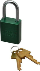 American Lock - Keyed Alike Conductive Lockout Padlock - 1-1/2" Shackle Clearance, 1/4" Shackle Diam, 1.8" Body Height x 1-1/2" Body Width, Green, 5 Pins - Eagle Tool & Supply