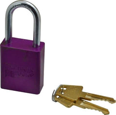 American Lock - Keyed Different Conductive Lockout Padlock - 1-1/2" Shackle Clearance, 1/4" Shackle Diam, 1.8" Body Height x 1-1/2" Body Width, Purple, 5 Pins - Eagle Tool & Supply