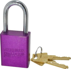 American Lock - Keyed Alike Conductive Lockout Padlock - 1-1/2" Shackle Clearance, 1/4" Shackle Diam, 1.8" Body Height x 1-1/2" Body Width, Purple, 5 Pins - Eagle Tool & Supply