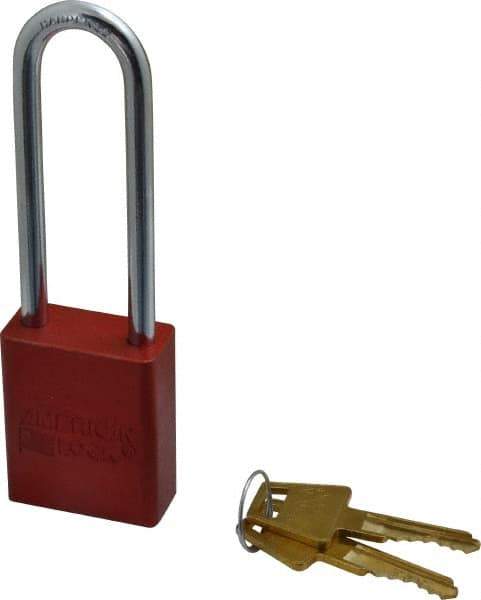 American Lock - Keyed Alike Conductive Lockout Padlock - 3" Shackle Clearance, 1/4" Shackle Diam, 1.8" Body Height x 1-1/2" Body Width, Red, 5 Pins - Eagle Tool & Supply