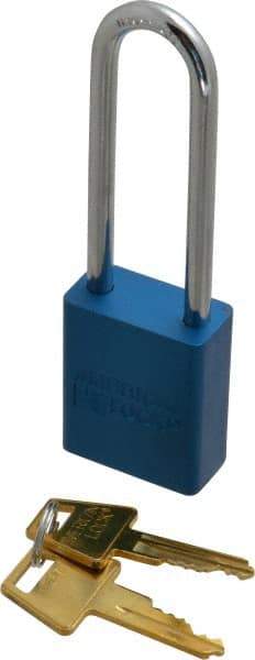 American Lock - Keyed Alike Conductive Lockout Padlock - 3" Shackle Clearance, 1/4" Shackle Diam, 1.8" Body Height x 1-1/2" Body Width, Blue, 5 Pins - Eagle Tool & Supply