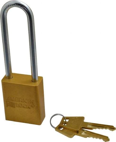 American Lock - Keyed Alike Conductive Lockout Padlock - 3" Shackle Clearance, 1/4" Shackle Diam, 1.8" Body Height x 1-1/2" Body Width, Yellow, 5 Pins - Eagle Tool & Supply