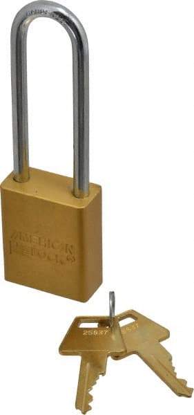 American Lock - Keyed Alike Conductive Lockout Padlock - 3" Shackle Clearance, 1/4" Shackle Diam, 1.8" Body Height x 1-1/2" Body Width, Yellow, 5 Pins - Eagle Tool & Supply