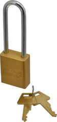 American Lock - Keyed Alike Conductive Lockout Padlock - 3" Shackle Clearance, 1/4" Shackle Diam, 1.8" Body Height x 1-1/2" Body Width, Yellow, 5 Pins - Eagle Tool & Supply