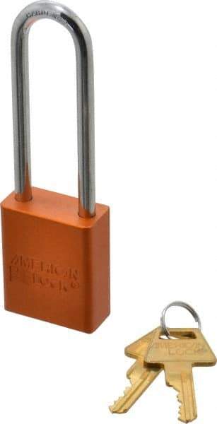 American Lock - Keyed Different Conductive Lockout Padlock - 3" Shackle Clearance, 1/4" Shackle Diam, 1.8" Body Height x 1-1/2" Body Width, Orange, 5 Pins - Eagle Tool & Supply