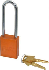 American Lock - Keyed Alike Conductive Lockout Padlock - 3" Shackle Clearance, 1/4" Shackle Diam, 1.8" Body Height x 1-1/2" Body Width, Orange, 5 Pins - Eagle Tool & Supply