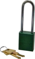 American Lock - Keyed Different Conductive Lockout Padlock - 3" Shackle Clearance, 1/4" Shackle Diam, 1.8" Body Height x 1-1/2" Body Width, Green, 5 Pins - Eagle Tool & Supply