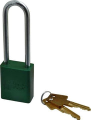 American Lock - Keyed Alike Conductive Lockout Padlock - 3" Shackle Clearance, 1/4" Shackle Diam, 1.8" Body Height x 1-1/2" Body Width, Green, 5 Pins - Eagle Tool & Supply
