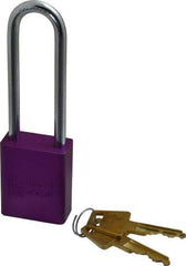 American Lock - Keyed Alike Conductive Lockout Padlock - 3" Shackle Clearance, 1/4" Shackle Diam, 1.8" Body Height x 1-1/2" Body Width, Purple, 5 Pins - Eagle Tool & Supply