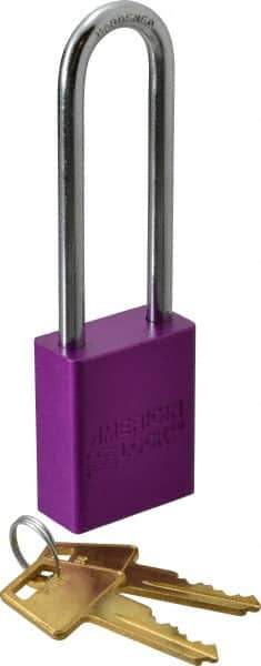 American Lock - Keyed Alike Conductive Lockout Padlock - 3" Shackle Clearance, 1/4" Shackle Diam, 1.8" Body Height x 1-1/2" Body Width, Purple, 5 Pins - Eagle Tool & Supply