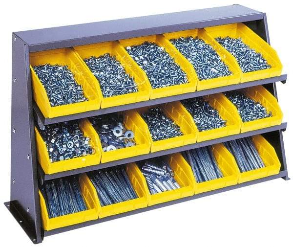 Quantum Storage - 240 Lb Capacity, 12" Deep x 36" Wide x 21" High, Steel Bench Rack - 1 Side, 12 Green Polyethylene/Polypropylene Bins - Eagle Tool & Supply