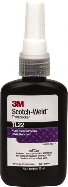 3M - 50 mL Bottle, Purple, Low Strength Liquid Threadlocker - Series TL22, 24 hr Full Cure Time, Hand Tool Removal - Eagle Tool & Supply