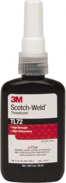 3M - 50 mL Bottle, Red, High Strength Liquid Threadlocker - Series TL72, 24 hr Full Cure Time, Hand Tool, Heat Removal - Eagle Tool & Supply