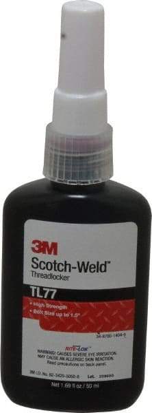 3M - 50 mL Bottle, Red, High Strength Liquid Threadlocker - Series TL77, 24 hr Full Cure Time, Hand Tool, Heat Removal - Eagle Tool & Supply