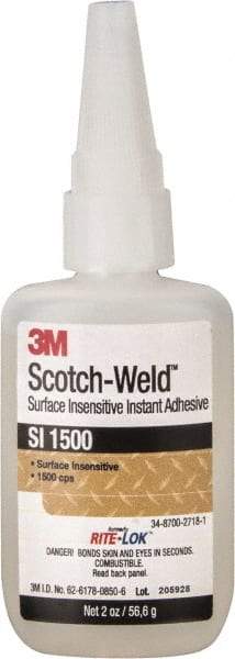 3M - 2 oz Bottle Clear Instant Adhesive - Series SI1500, 5 to 60 sec Working Time, 24 hr Full Cure Time, Bonds to Cardboard, Ceramic, Fabric, Fiberglass, Foam, Glass, Leather, Metal, Paper, Plastic, Rubber, Vinyl & Wood - Eagle Tool & Supply