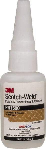 3M - 1 oz Bottle Clear Instant Adhesive - Series PR1500, 20 to 100 sec Working Time, 24 hr Full Cure Time, Bonds to Cardboard, Ceramic, Fabric, Fiberglass, Foam, Glass, Leather, Metal, Paper, Plastic, Rubber, Vinyl & Wood - Eagle Tool & Supply