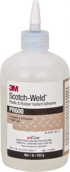 3M - 1 Lb Bottle Clear Instant Adhesive - Series PR600, 4 to 25 sec Working Time, 24 hr Full Cure Time, Bonds to Cardboard, Ceramic, Fabric, Fiberglass, Foam, Glass, Leather, Metal, Paper, Plastic, Rubber, Vinyl & Wood - Eagle Tool & Supply