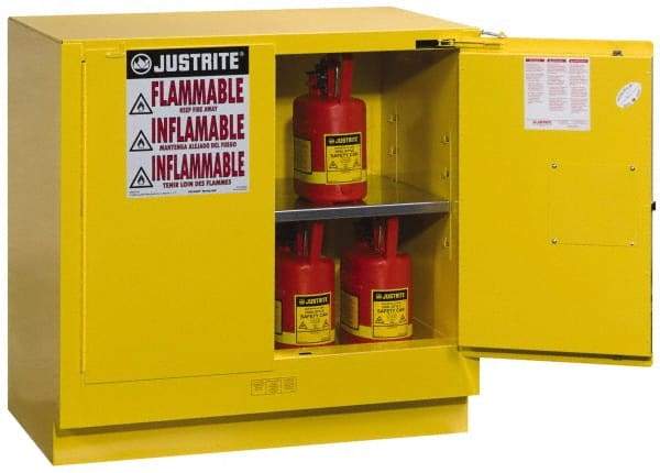 Justrite - 2 Door, 1 Shelf, Yellow Steel Under the Counter Safety Cabinet for Flammable and Combustible Liquids - 35" High x 35" Wide x 22" Deep, Self Closing Door, 22 Gal Capacity - Eagle Tool & Supply