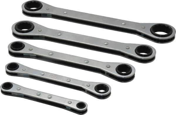 Lang - 5 Piece, 1/4 to 7/8", 12 Point, Ratcheting Box Wrench Set - Inch System of Measurement, Chrome Finish, Comes in Vinyl Roll - Eagle Tool & Supply