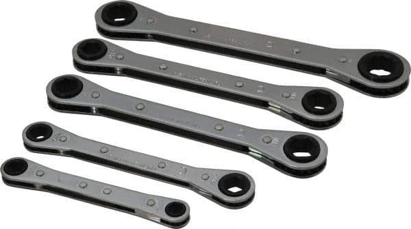 Lang - 5 Piece, 7 to 17mm, Ratcheting Box Wrench Set - Metric System of Measurement, Chrome Finish, Comes in Vinyl Roll - Eagle Tool & Supply