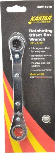 Lang - 1/2" x 9/16" 6 Point Reversible Ratcheting Offset Box Wrench - Double End, 6-3/4" OAL, Steel, 25° Offset - Eagle Tool & Supply