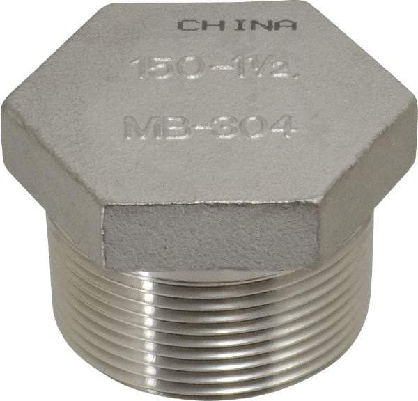 Merit Brass - 1-1/2" Grade 304 Stainless Steel Pipe Hex Head Plug - MNPT End Connections, 150 psi - Eagle Tool & Supply