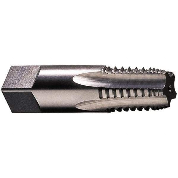 Vermont Tap & Die - 1/8-27 NPTF, 5 Flutes, Bright Finish, High Speed Steel, Interrupted Thread Pipe Tap - 2-1/8 Inch Overall Length, 7/16 Inch Shank Diameter, 3/4 Inch Thread Length, 0.32 Inch Square Size, Regular Hook, Taper Chamfer, Series 3182 - Eagle Tool & Supply