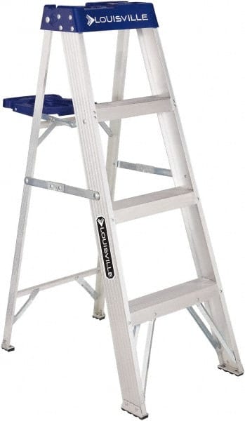 Louisville - 3 Steps, 4' High, Type I Rating, Aluminum Step Ladder - Eagle Tool & Supply