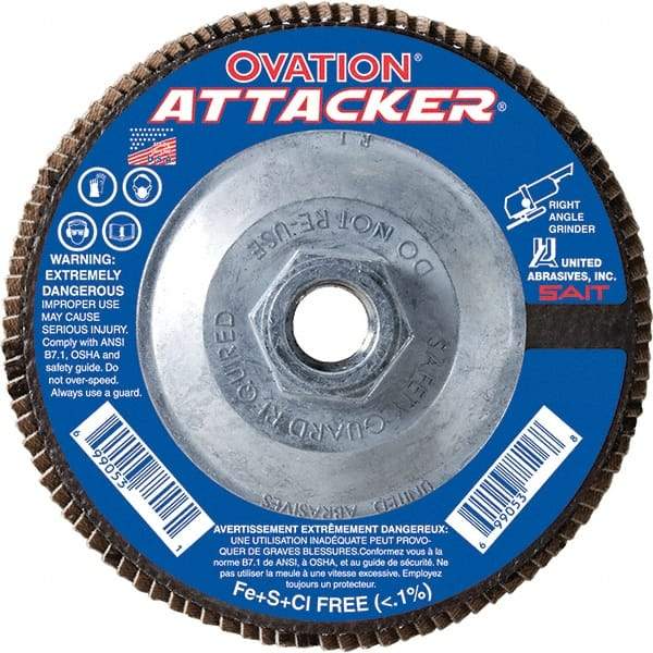 Sait - 40 Grit, 5" Disc Diam, 5/8-11 Center Hole, Type 27 Zirconia Alumina Flap Disc - 12,200 Max RPM, Fiberglass Backing, Arbor Attaching System, Coated - Eagle Tool & Supply